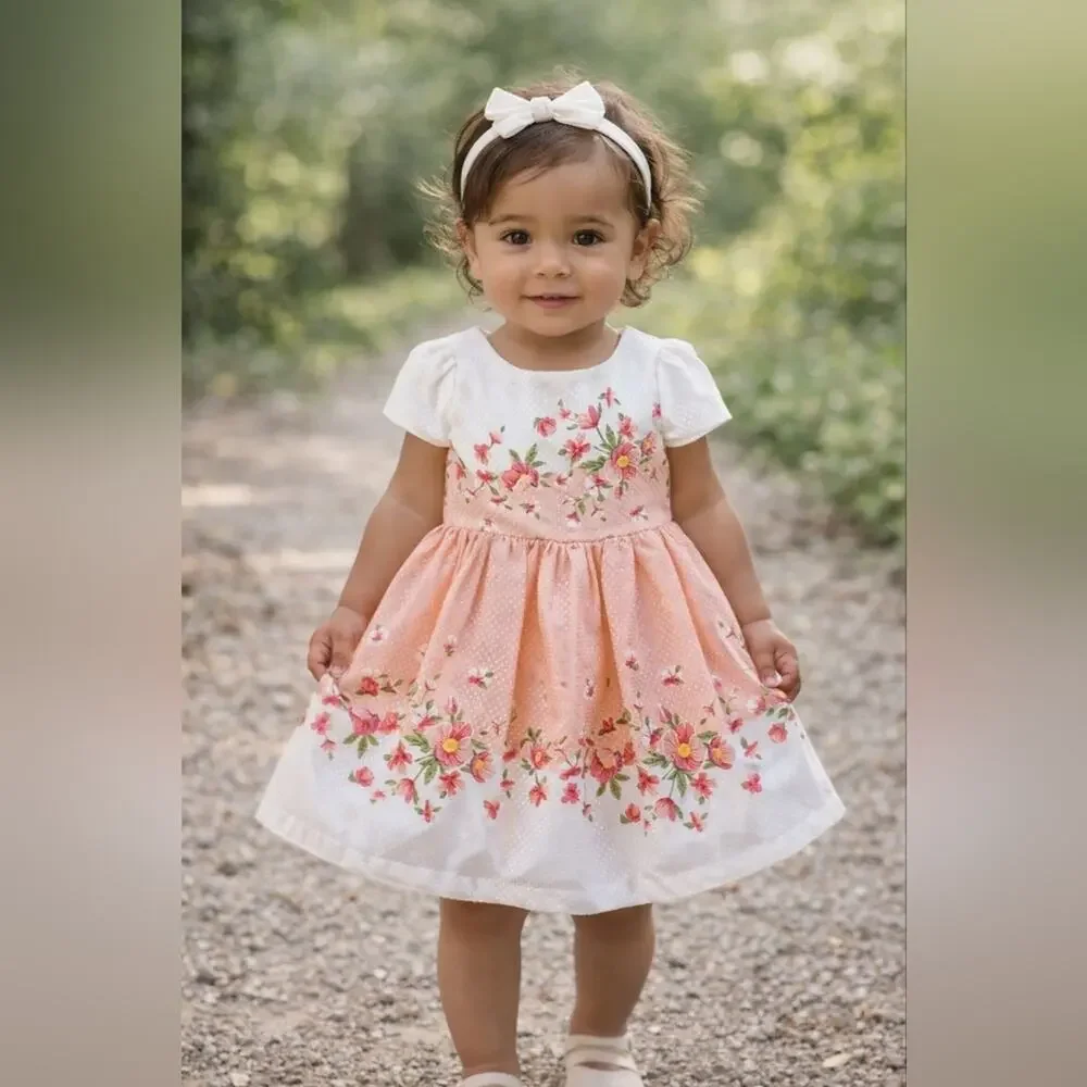 Nannette Peach and White Floral Kids Dress Sz.18 M #1823
